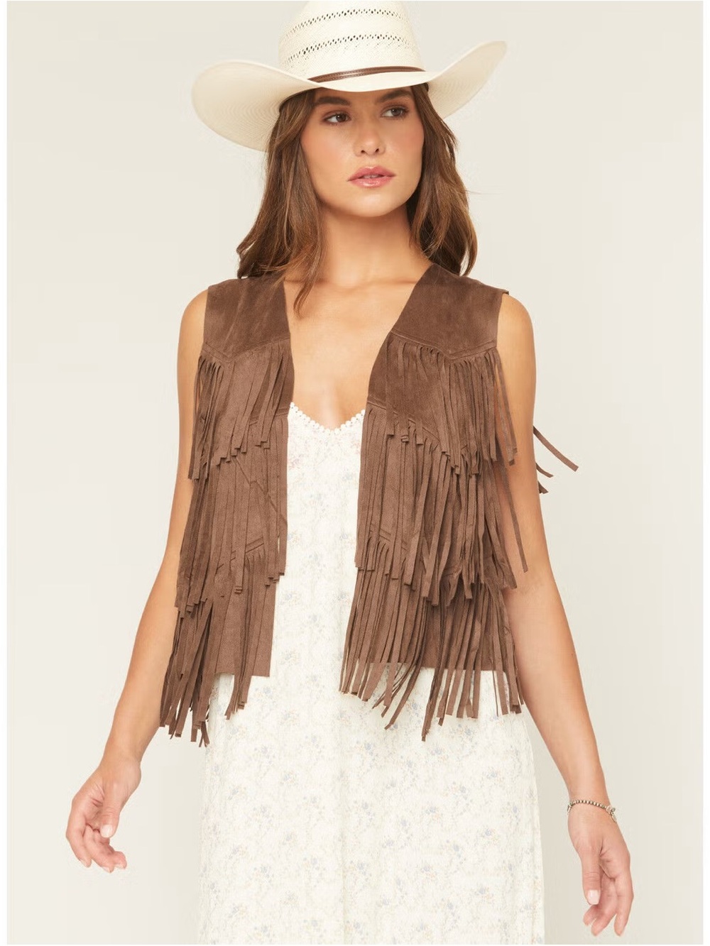 Vocal Brown Suede-like Fringe Vest